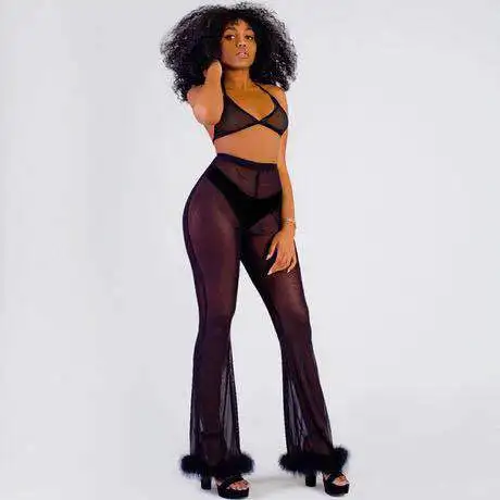 2023 Sexy Women Sheer Mesh Wide Leg Pants See Through Transparent Faux Fur Trim Pants High Waist Full Night Club Wear Trousers