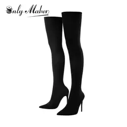 Onlymaker Women Nylons Boots Over The Knee Sock Black Thigh High Pointy Toe Stiletto Elastic Large Size Sexy Female Boots