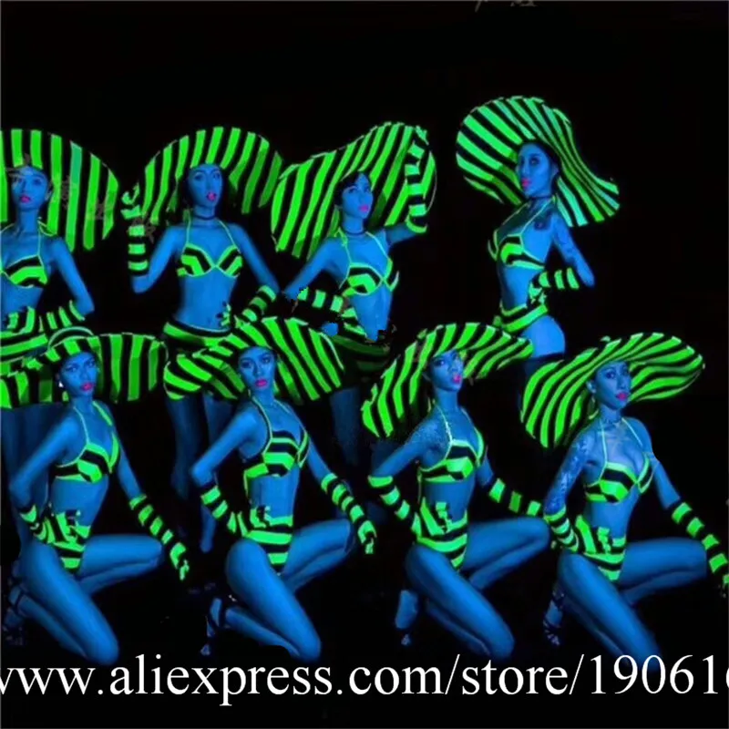 Fluorescent Green Sexy Lady Party Evening Bikini Suit Hat Stage Performance Models Costumes Masquerade Cosplay DS Clothes