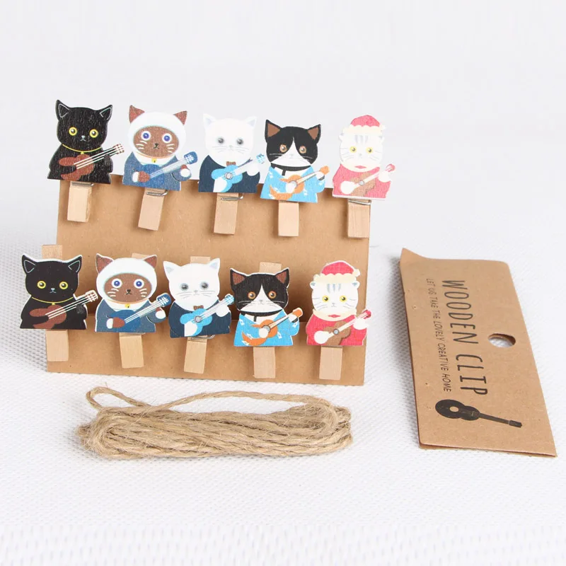 10pcs 35x7mm DIY Guitar Cat Lovely Wood Clothes Pegs Clothespin Clips Office Party Decoration Accessories Photo Hanging Pegs