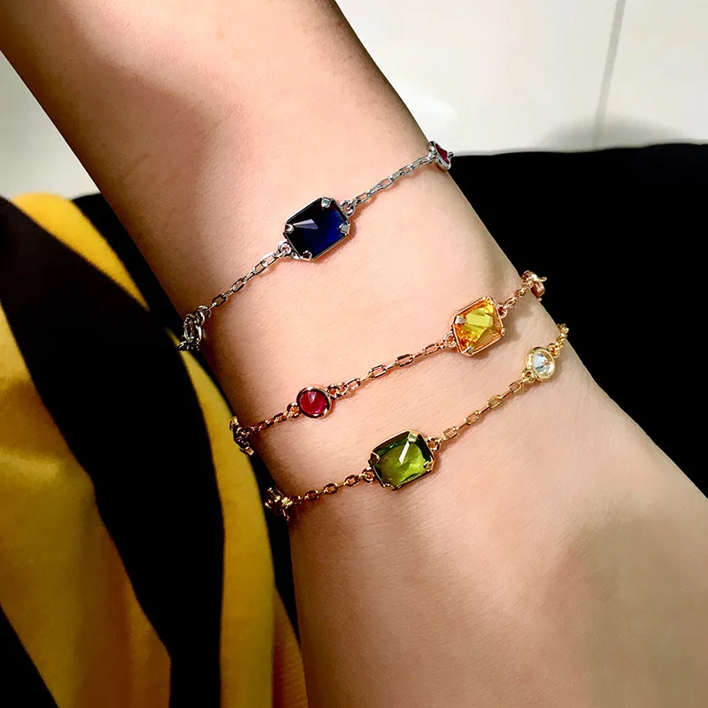 Top Quality Candy Style Bracelet 3 Gold Color Chain Attach Yellow Green Blue 3 Colors Square Crystal Charm Bracelet For Women