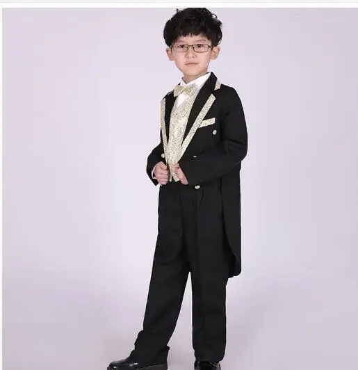 Fashion Style Tuxedo Suits Boys Clothes Set Kids Formal Wedding Blazer Swallow-tailed Coat Kids Party Bow Tie Clothing 5pcs/set