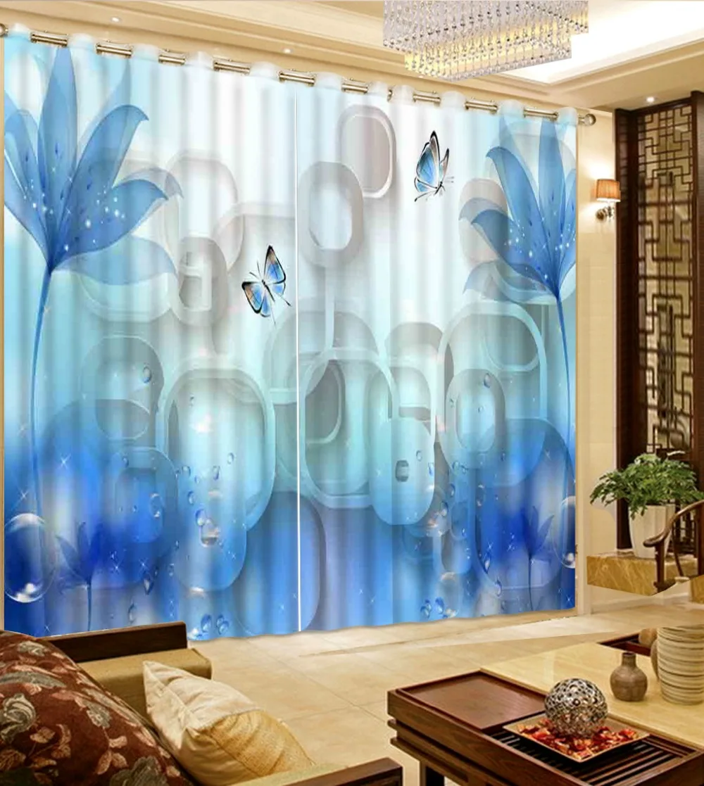 

Custom Curtains 3D Curtains Flowers Butterfly Circle Fashion Home Decor Blue Room Curtains Modern Window Curtains