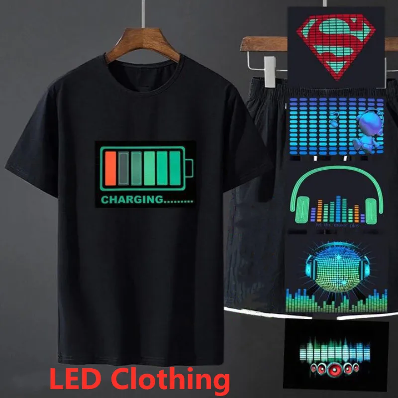 LED Cotillon Men\'s Luminous T-Shirts for Party Womens Neon Clothing Sound Control Kids Glowing Clothes Glow Light Rave Festival