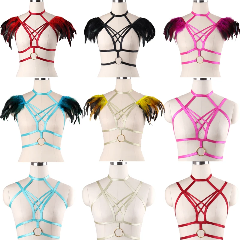 

Women Feathers Body Harness Belt Rave Wear Feathers Cage Bra Epaulette Gothic Sexy Lingerie Fetish Angel Wings Bondage Harness