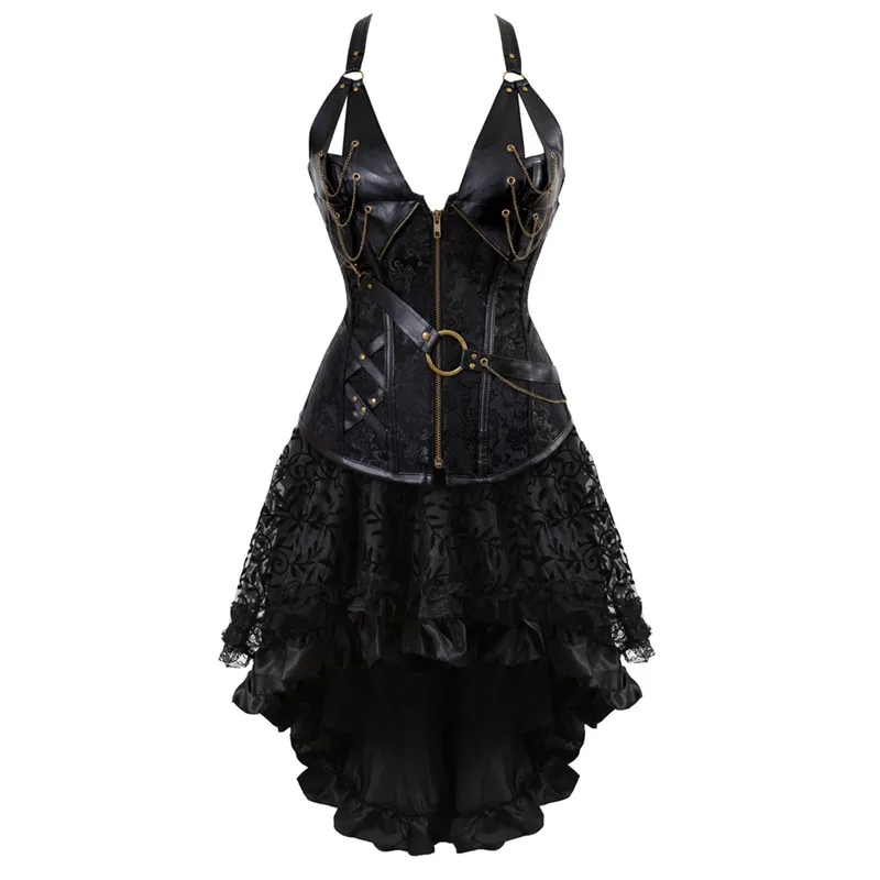 Sapubonva Steampunk Corset Bustier Dresses Skirts Set Halter Plus Size Vintage Leather Gothic Punk Burlesque Pirate Costume