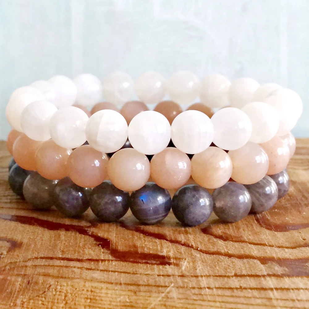 MG0314 On Sale AA Grand Moonstone Bracelet Set Natural Sunstone Larvikite Bracelet Balance Chakra Gem Stone Bracelet