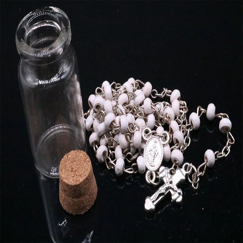 4mm Wishing Rosary Bottle Scented Wood Bead Necklace with Jesus Cross Pendant Charm for Religious Catholic Jewelry Gifts