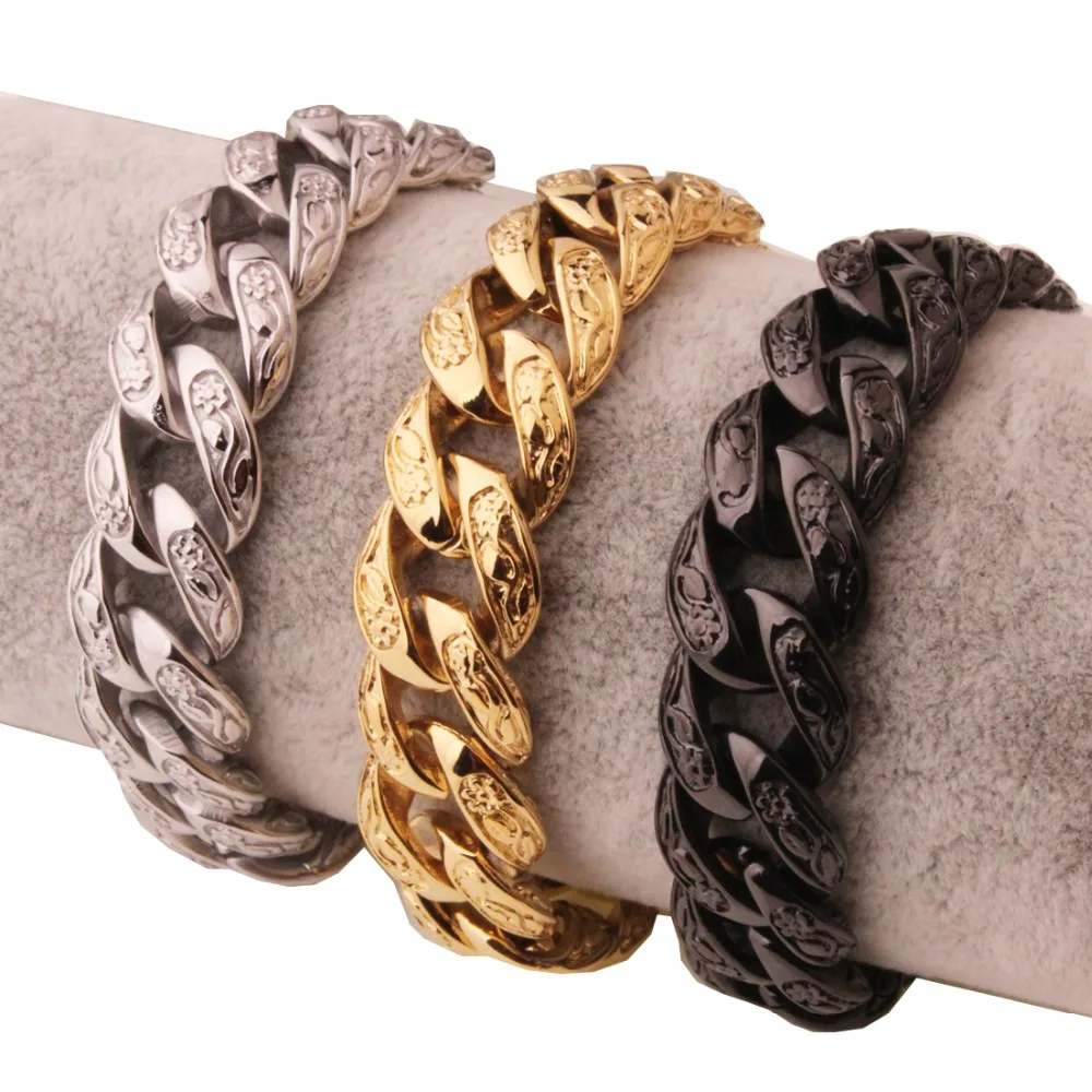 Hot Sale New Design Closure Chunky Double Curb Chain Bracelet for Men Gold Color Stainless Steel Male Punk Jewelry