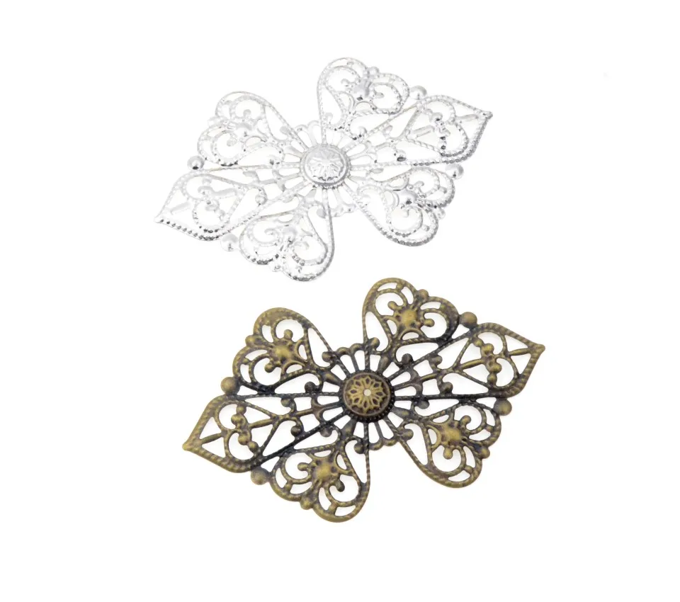 MIAOCHI DIY 10 sztuk antyczny brąz/biały K filigran okłady Bow-knot złącza wyrób metalowy na prezent dekoracje DIY ustalenia 85 * 53mm