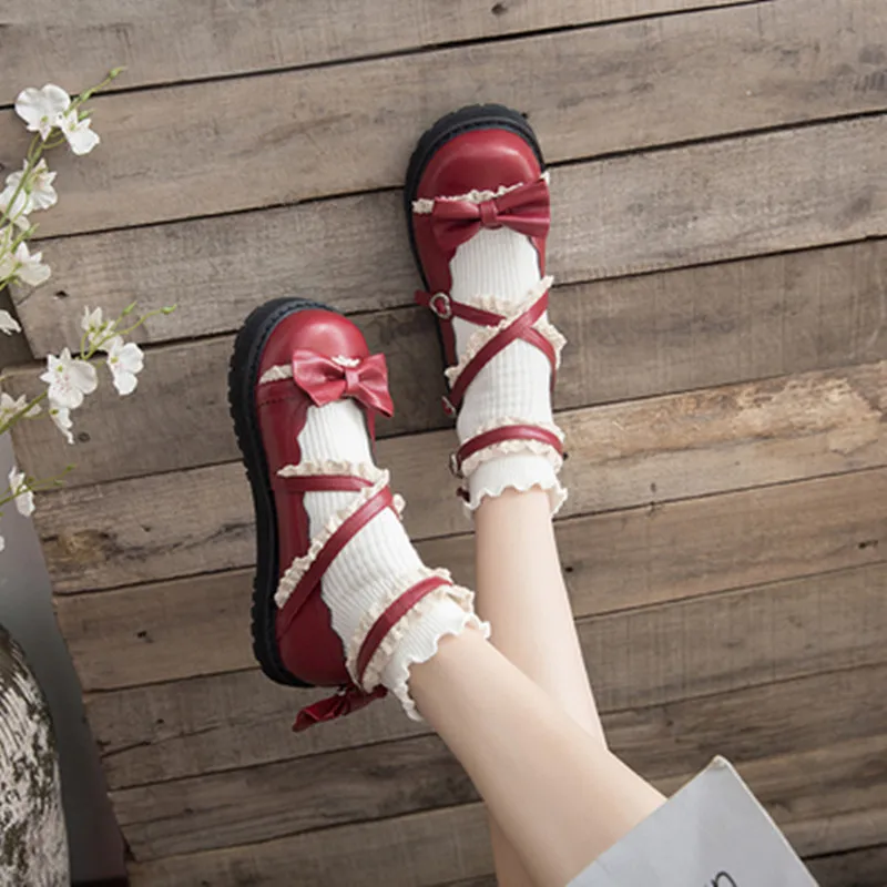 Lolita sapatos de couro japonês com cabeça redonda, feminino com fundo grosso e laço princesa kawaii