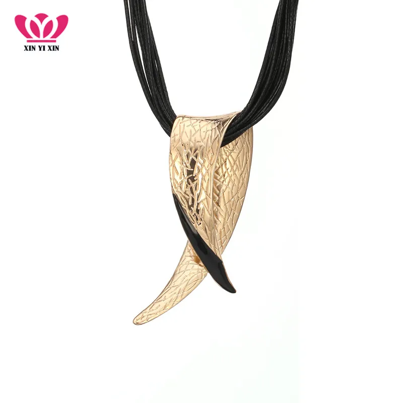 Hot Ethnic Ropes Chains Necklace Vingtage Angle Pendant Multilayer Black Pu Leather Necklace Women Chokers Statement Jewelry