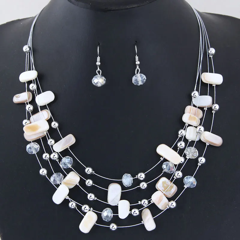 KMVEXO Women Bohemian African Beads Jewelry Set 2018 Multilayers Necklace Earrings Crystal Shell Jewelry Sets Charm Wedding Sets