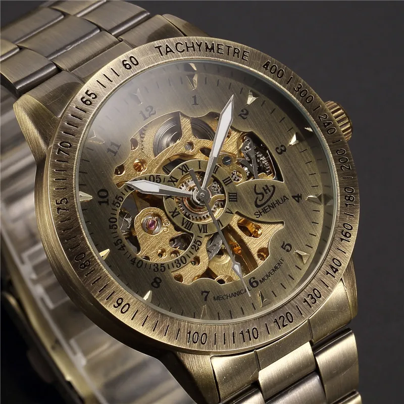 Stainless Steel Antique Automatic Mechanical Men Watch Luxury Brand Transparent Skeleton Mens Watches Gifts Relogio Masculino