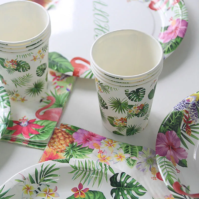 Summer Tropical Disposable Tableware Green Palm Flamingo Paper Plate Cup Hawaiian Luau Wedding Party Supplies Jungle Safari Deco