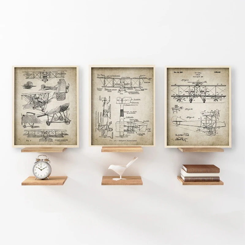 Biplane Aircraft Patent Vintage Blueprints Posters Print Biplane Aircraft Design Canvas Painting Aviation Home Wall Art Decor