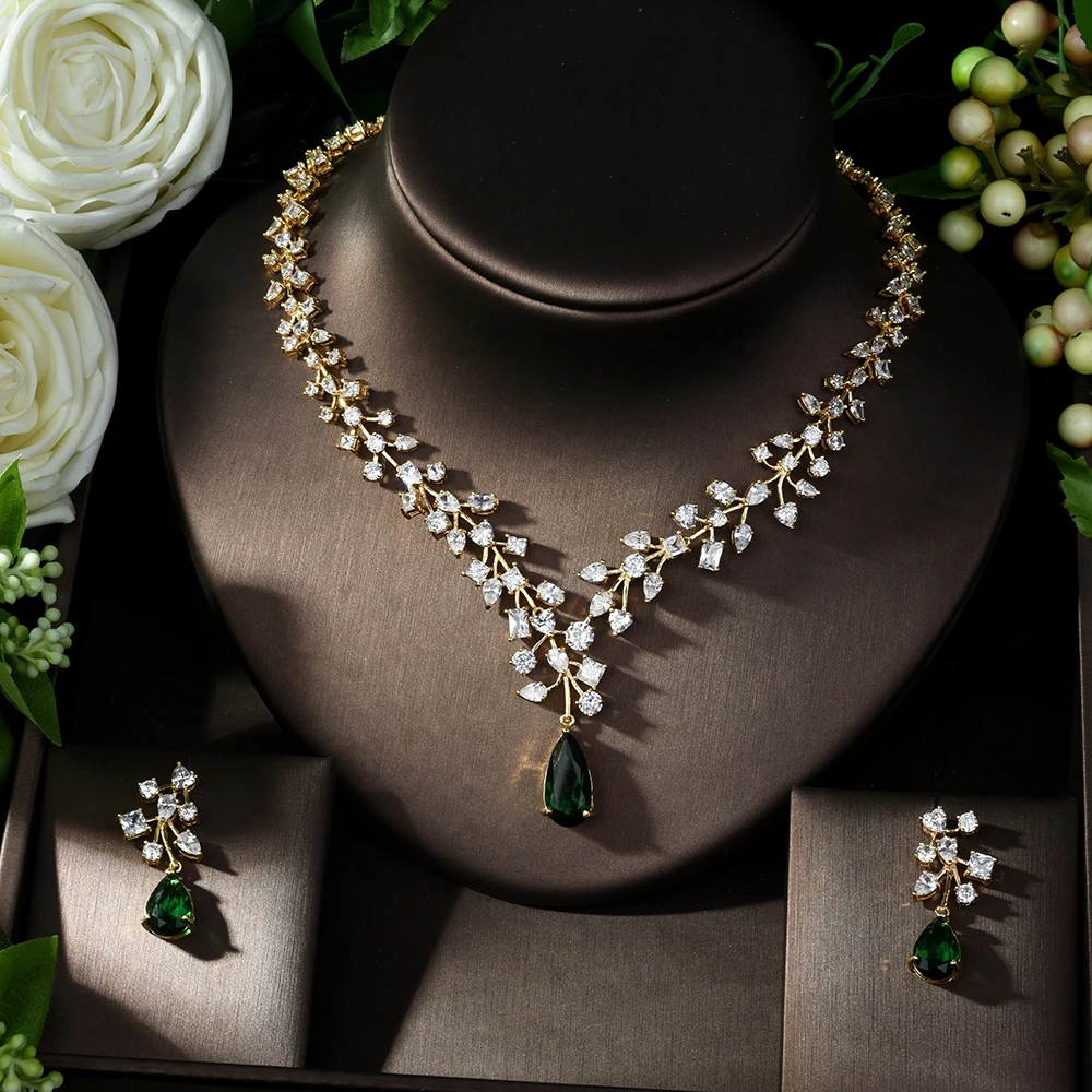 HIBRIDE Charm Green Water Drop Dubai Jewelry Sets Gold Color Wedding Necklace Earrings Sets Bijoux bijoux mariage N-1014