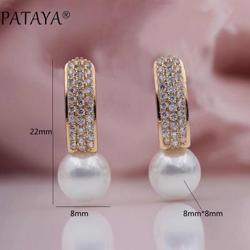 PATAYA New Arrivals 585 Rose Gold Color Turkish Blue Shell Pearls Natural Zircon Dangle Earrings Women Wedding Luxury Jewelry