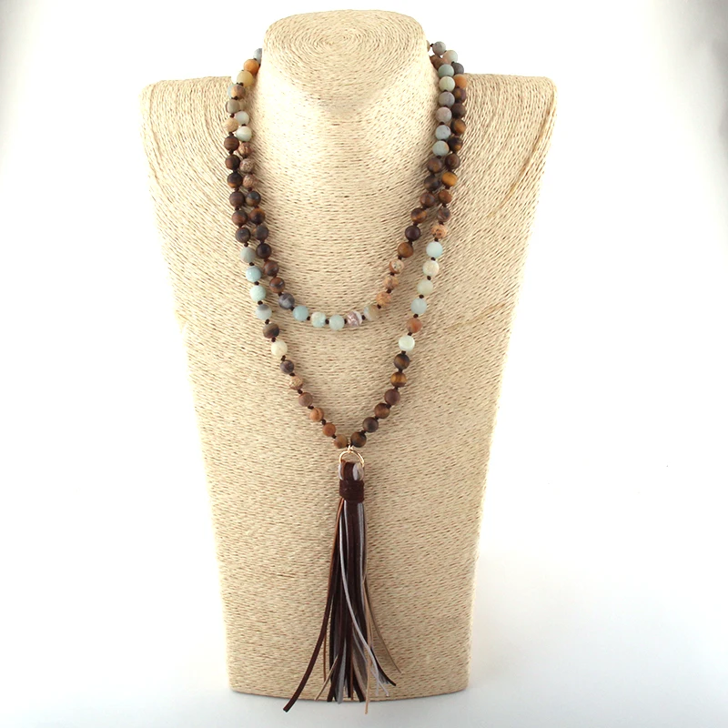 Fashion Bohemian Tribal Jewelry 108pc Stone Beads Knotted Multi Gray Color Tassel Necklace Women Ethnic Necklace