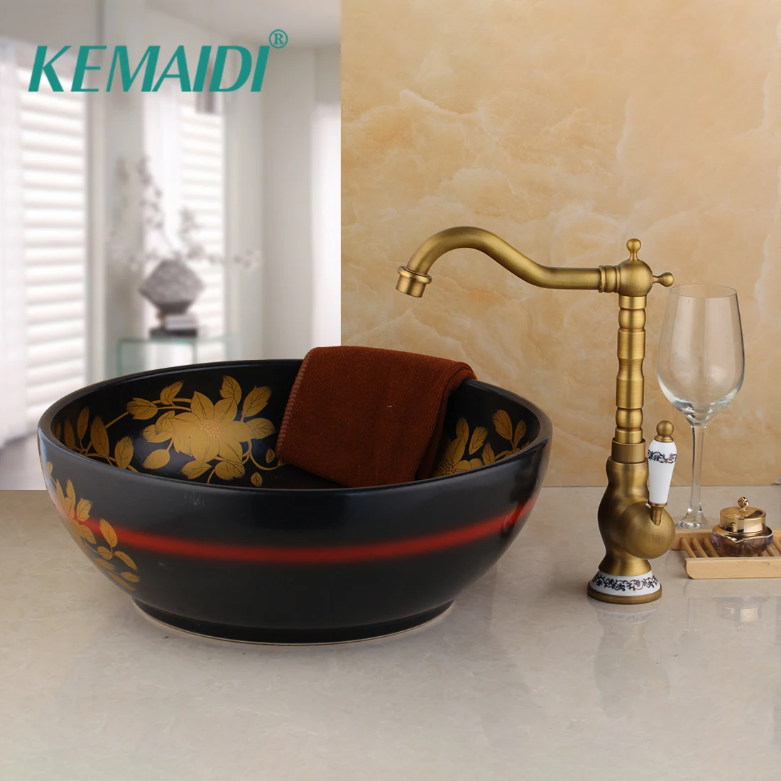 

KEMAIDI High Quality Ceramic Sanitary Wash Basin Art Basin Round Shape Bell Counter Top Wash Basin Bathroom Sinks Faucets Sets