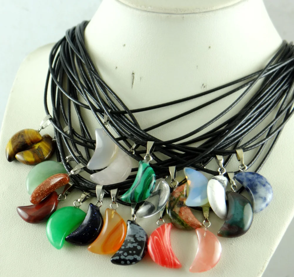 1pcs Moon Necklaces Natural Crystal Pendants Stone Pendant Leather Chains Necklace Women Fashion Jewelry