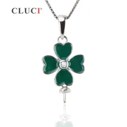CLUCI 925 Sterling Silver Four Leaf Clover Pendant Necklace Setting Green Clover Jewelry Accessary to stick pearl SP212SB