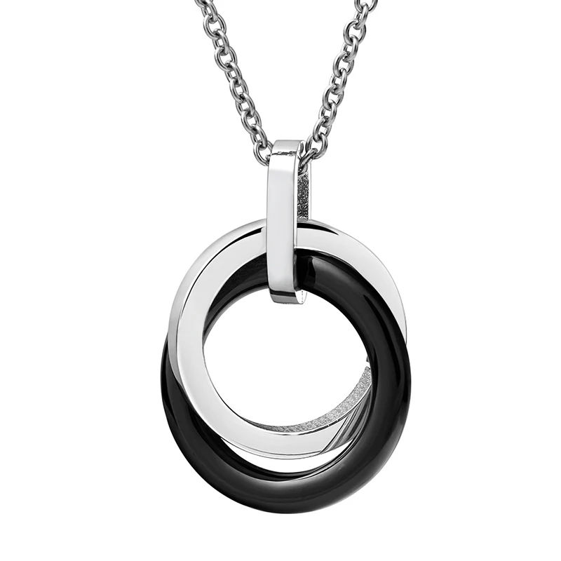 Black White Double Circle Ceramic Necklace Pendant With Stainless Steel Classic Simple Style Pendant Jewelry For Female