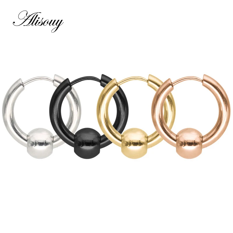 Alisouy 2pcs Hot Men Women Round Circle Pendientes Black Gold Color Stainless Steel Balls Loop Handles Hoop Huggie Earrings