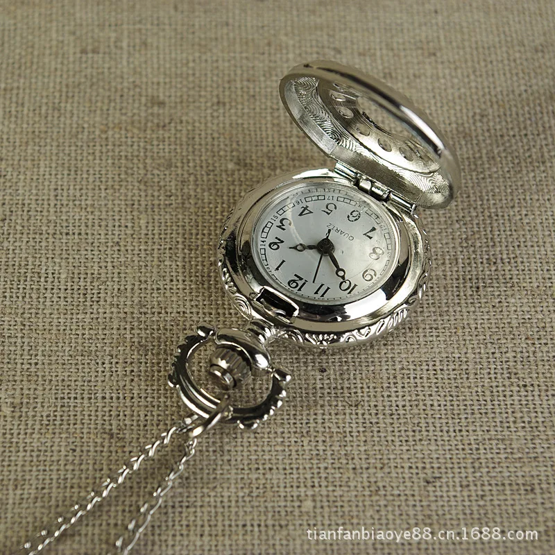 Small pocket watch circle dot silver cute little retro necklace