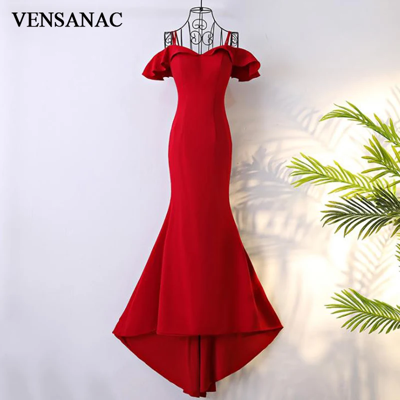 

VENSANAC 2018 Sweetheart Ruffles Short Sleeve Mermaid Long Evening Dresses Vintage Party Spaghetti Straps Prom Gowns