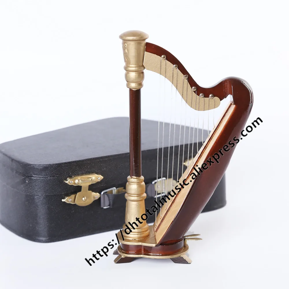 Dh Mini Harp Miniature Model Harp Model with Case for Dollhouse Decoration Accessories Home Decor Mini Musical Instrument Model