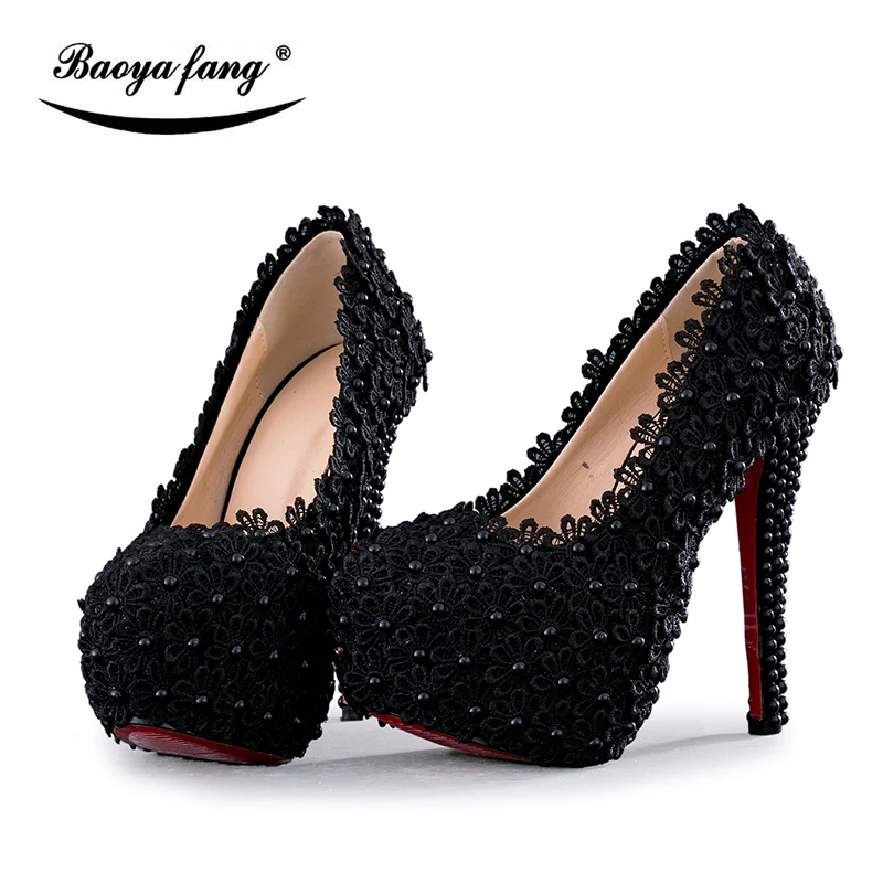 

BaoYaFang Black flower Womens wedding shoes Lace High heels platform shoes woman Round toe party shoes 8cm/11cm/14cm high shoes