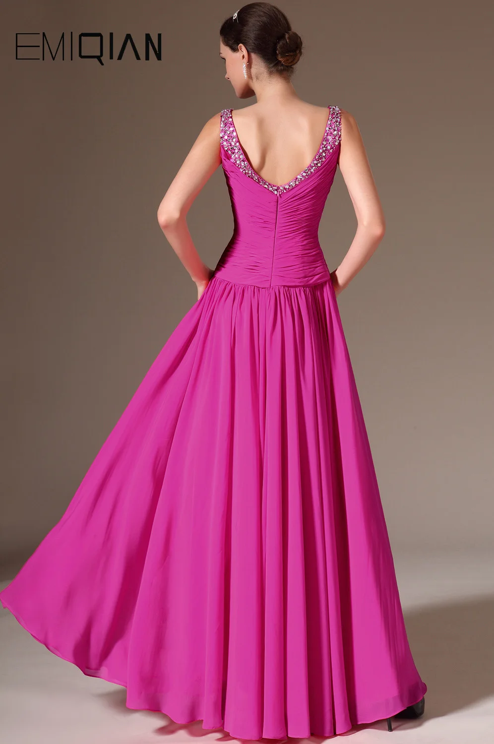 New V Neck Plum Chiffon Evening Gowns Back V Neck Beaded Evening Dresses