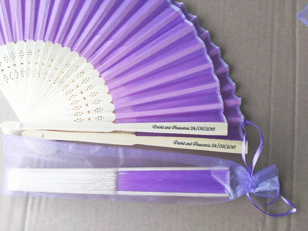 100 pcs Personalized Wedding Favors and Gifts For Guest Silk Fan Cloth Wedding Decoration Hand Folding Fans +Customized Printing