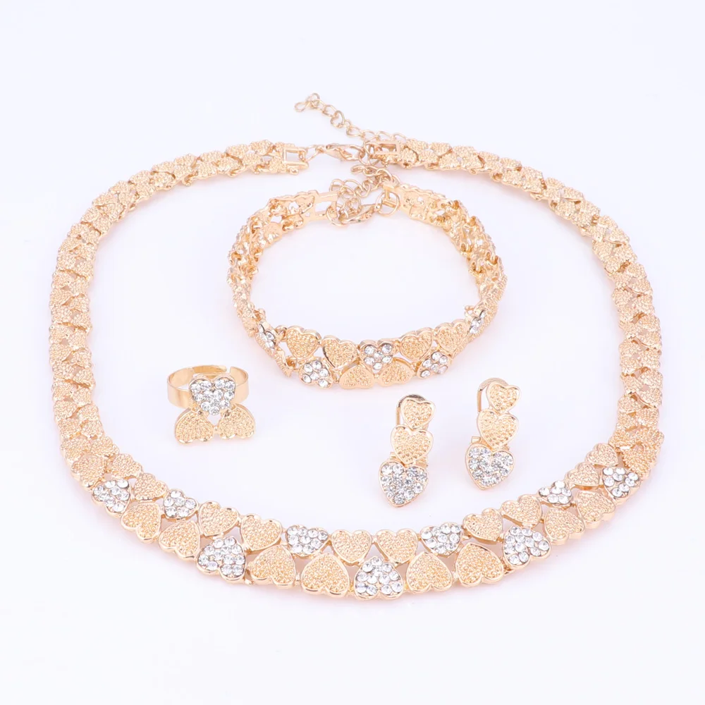 Women Wedding Crystal Heart Gold Color Charm Necklace Bracelet Earring Ring Bridal Costume Jewelry Set