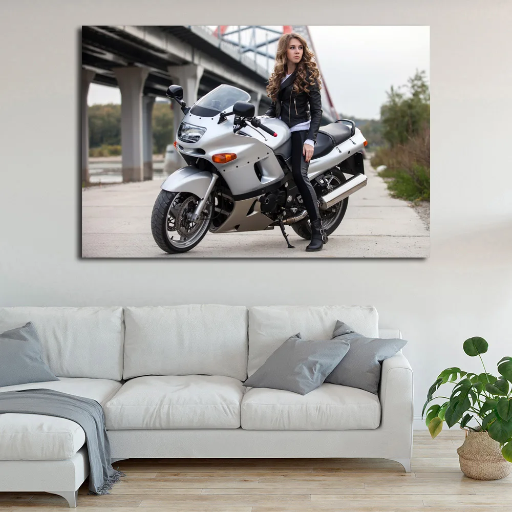 Motorcycle Blonde Girl Canvas Painting Posters and Prints women with bikes Wall Picture Art For Home Decor