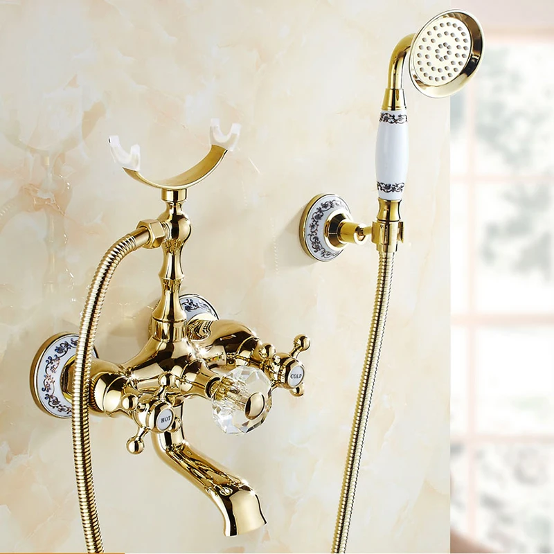 

Bathtub Faucets Luxury Gold Brass Bathroom Faucet Mixer Tap Wall Mounted Hand Held Shower Head Kit Shower Faucet Sets HS-G018