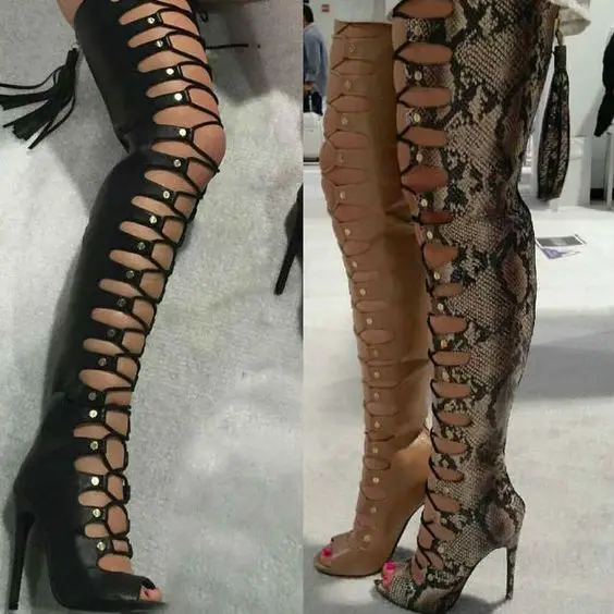 Sexy Summer Crossed Tie Over The Knee High Boots Ladies Peep Toe Thin High Heel Thigh Boots Back Fringed Lace Up Knight Boots