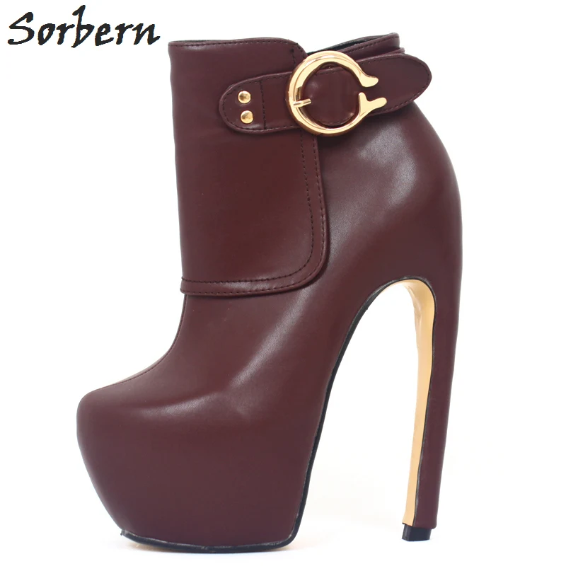 Sorbern Wine Red High Fashion Boots Ankle High Shoes Ladies Curved Heels 18Cm Black Heeled Boots Buckles Womens Boots Size 9