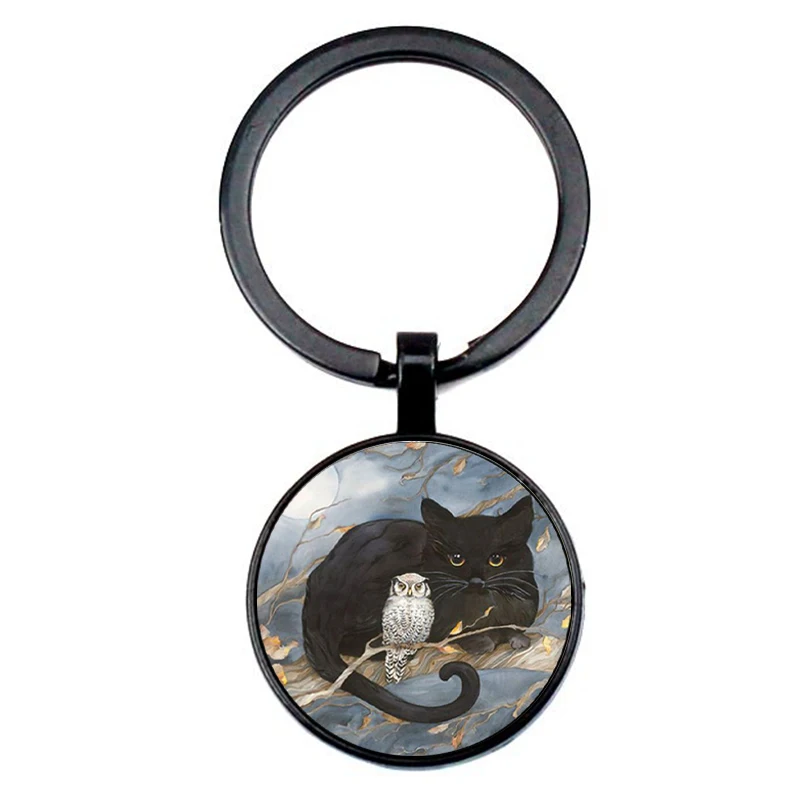 Fashion black cat owl pattern keyring retro painting cat crystal glass key chain men women accessories car package party gifts