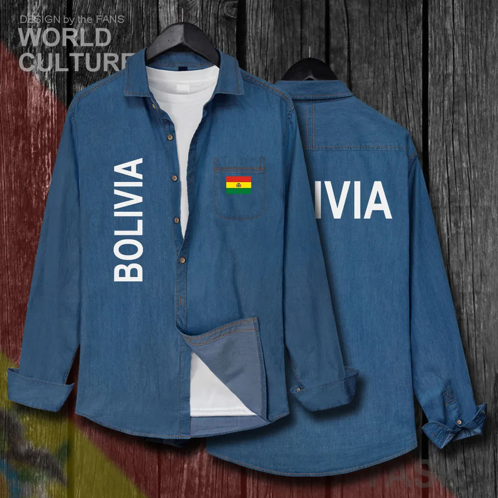 

Bolivia Bolivian BOL BO Buliwya Wuliwya Men Nation Flag Clothes Autumn Cotton Long Sleeve Cowboy Turn-down Collar Jeans Shirt