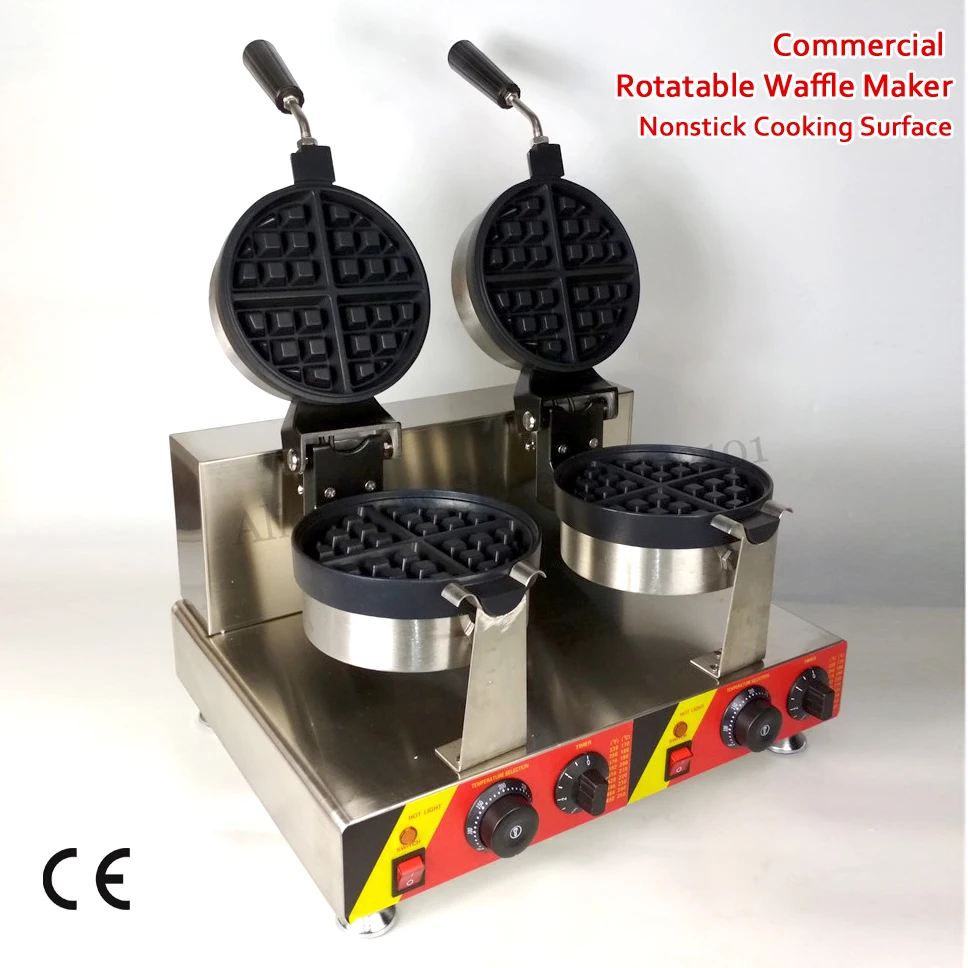 Rotary waffle machine 2 pans electric waffle maker  stainless steel waffle baker with two heads