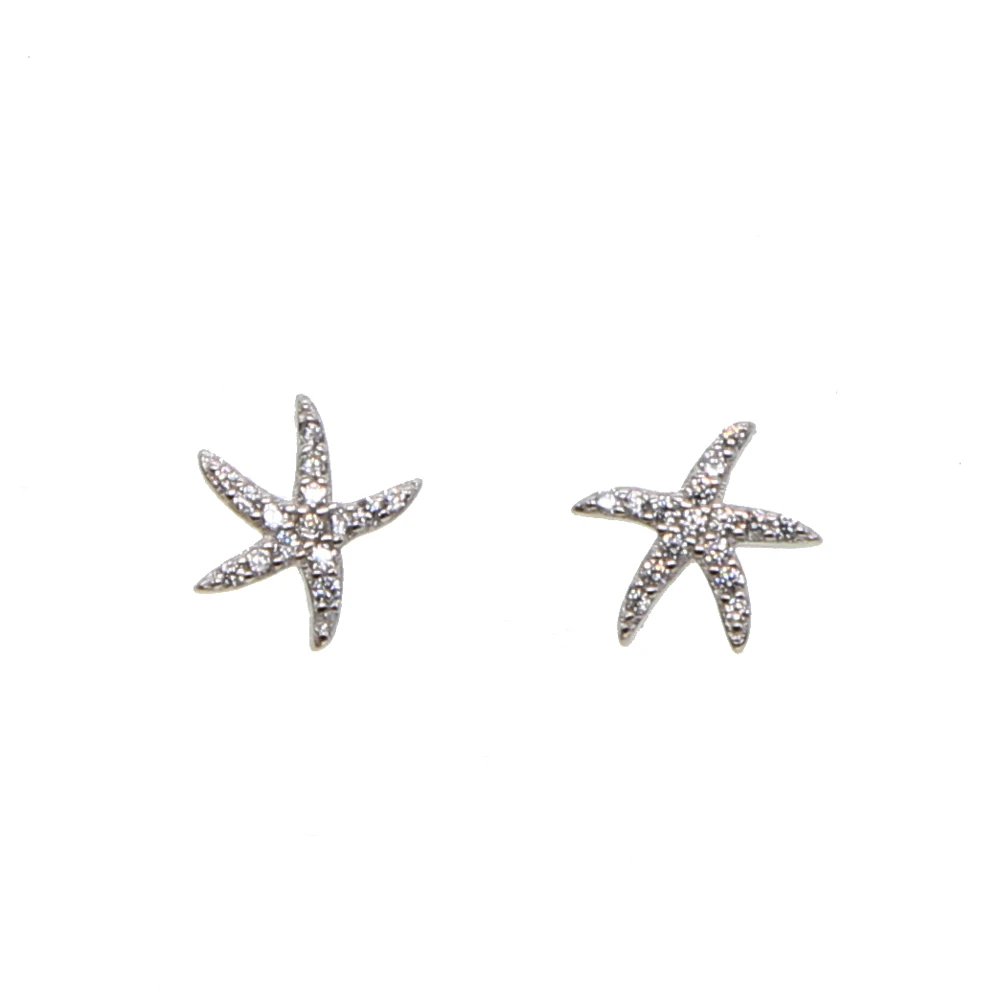 Hot Sale 100% 925 Sterling Silver Star Tropical Starfish Stud Earrings for girl lady, Clear CZ Fashion Jewelry