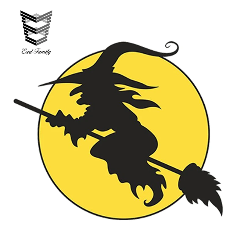 EARLFAMILY 13cm x 11cm Car Styling Car Sticker Witch & Broomstick Vinyl Sticker Laptop Travel Luggage Waterproof Car Accessories