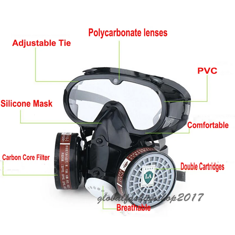 Safety Industry Respirator paint Spray Chemical Gas Mask Anti-Dust Filter With Military Eye Goggle Set