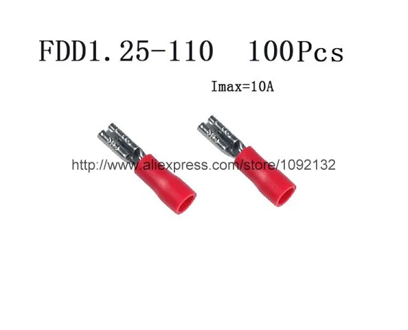 100pcs FDD1.25-110  Red Vinyl Insulated Female Disconnects For 22-16 AWG Wire range 0.5-1.5 sq mm