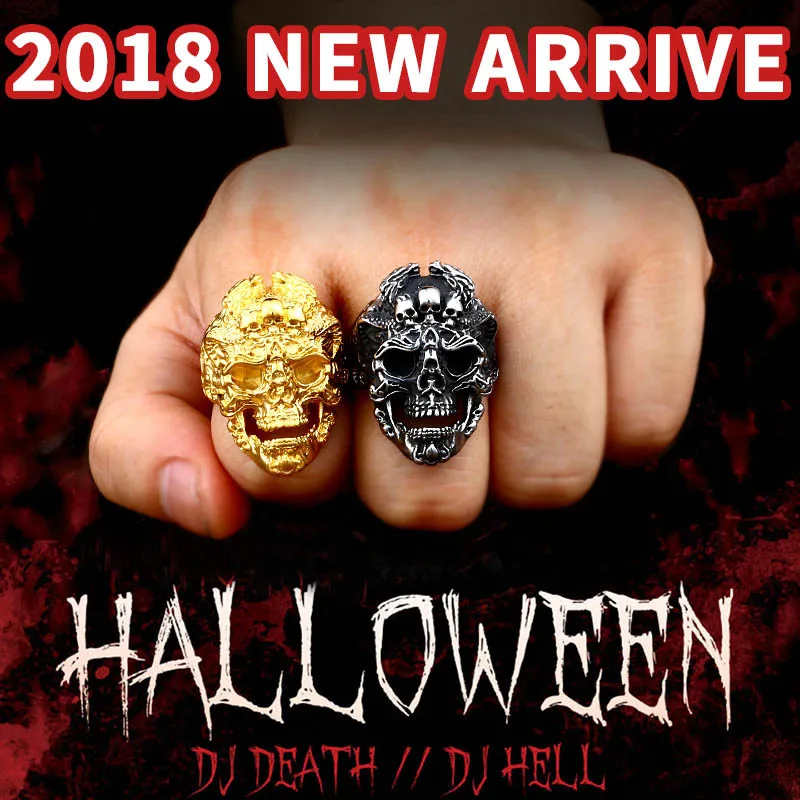 Beier 316L Stainless Steel three cool skull soul  Adjustable Dragon Rock Many Skeletons Gothic Hallowee men Ring Jewelry  LR526