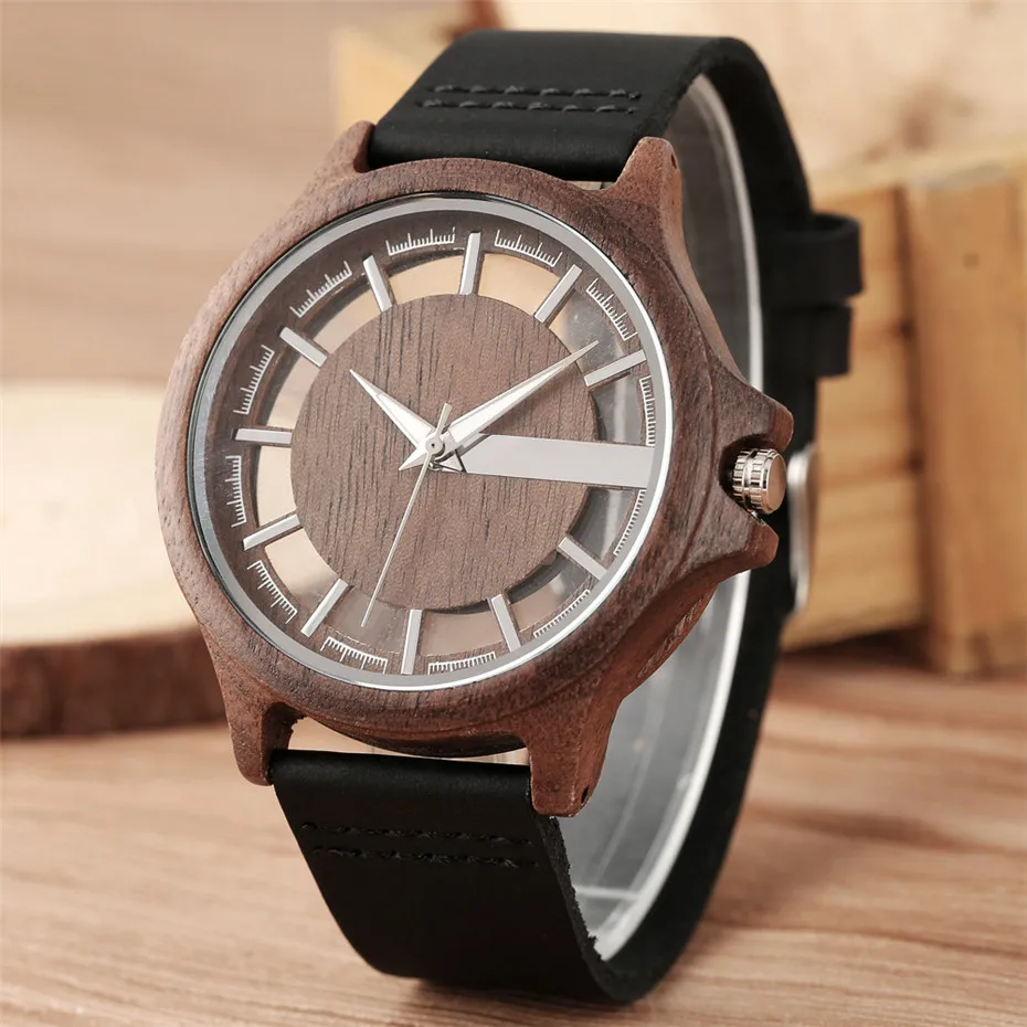 Transparent Hollow Dial Coffee/Brown/Black Wood Watches Quartz Timepiece Genuine Leather Watchband Creative Men\'s Watch New 2019