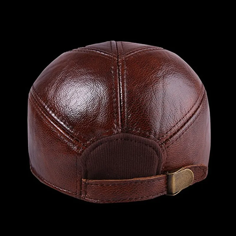 New Winter Men\'s Hat Genuine Leather Cowhide Warm Baseball Caps Adjustable Size Brands Proof Earmuffs Hats Male Bone Leather Cap