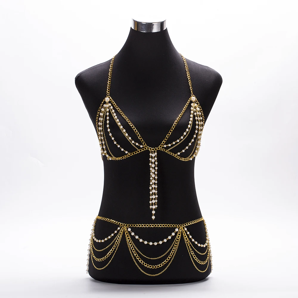 

Fashion Sexy Pearl Charm Exaggerated Night Club Party Long Gold Prethoracic Body Chain Bib Statement Women's Necklace BY221